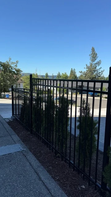 Black ornamental iron fence along a front walk